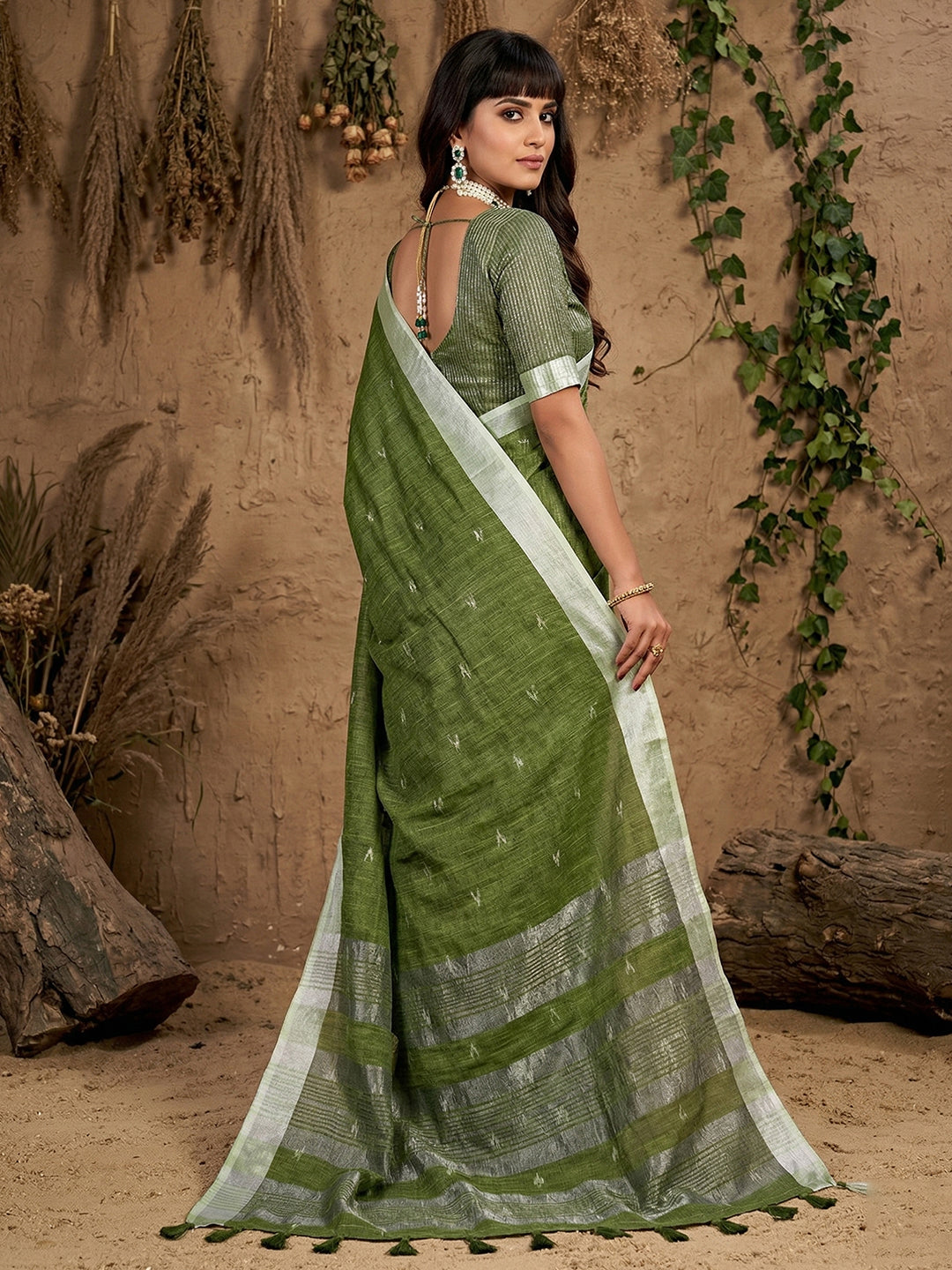 Anaita Mehendi Linen Cotton Zari Work Saree With Blouse