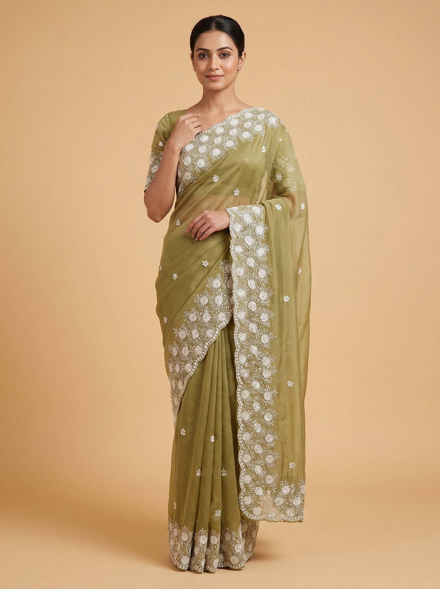 Mehndi embroidered saree with zari work