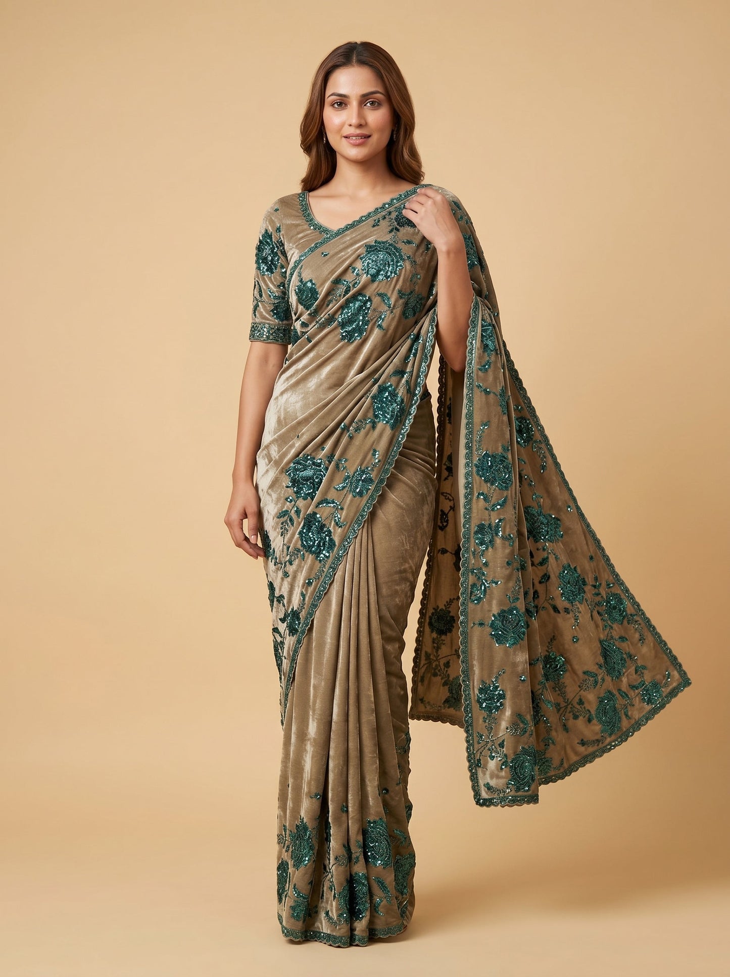 Mehndi Teal Embroidered Saree