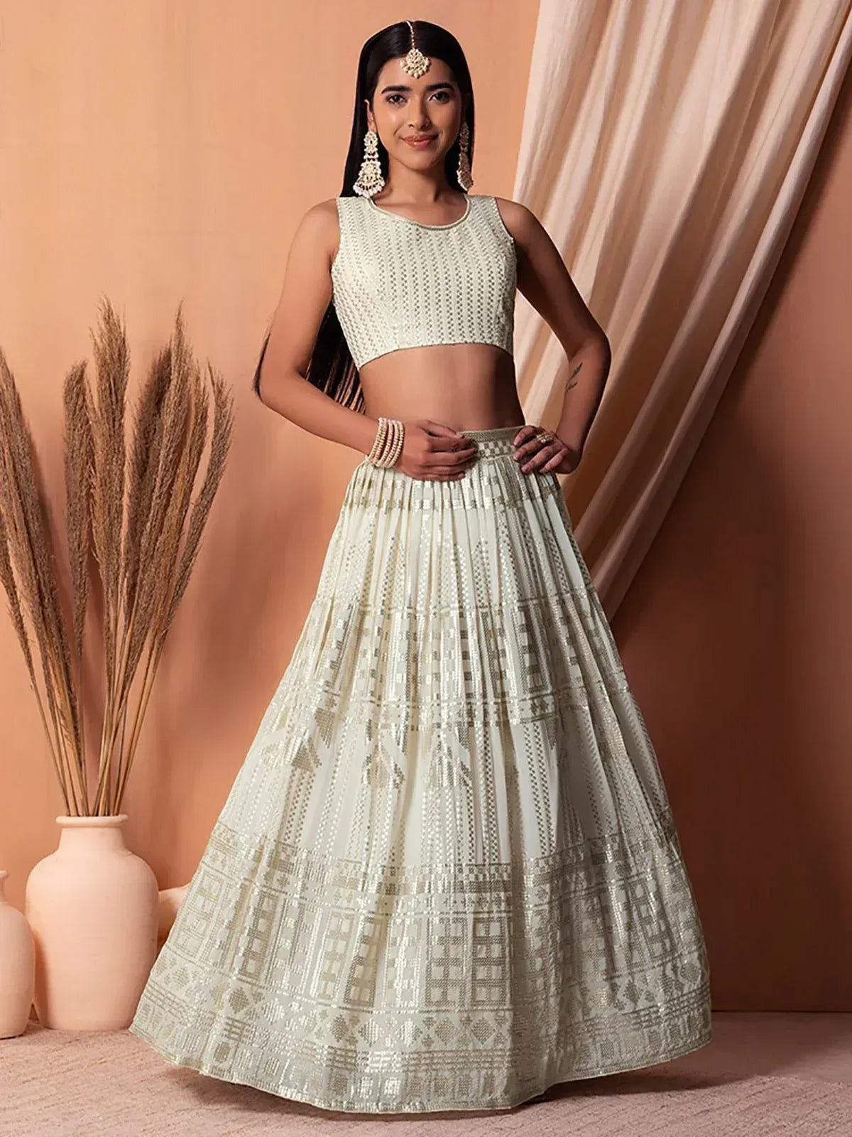 Tulsi Art Mesmerizing White Sequins Georgette Lehenga Choli With Dupatta