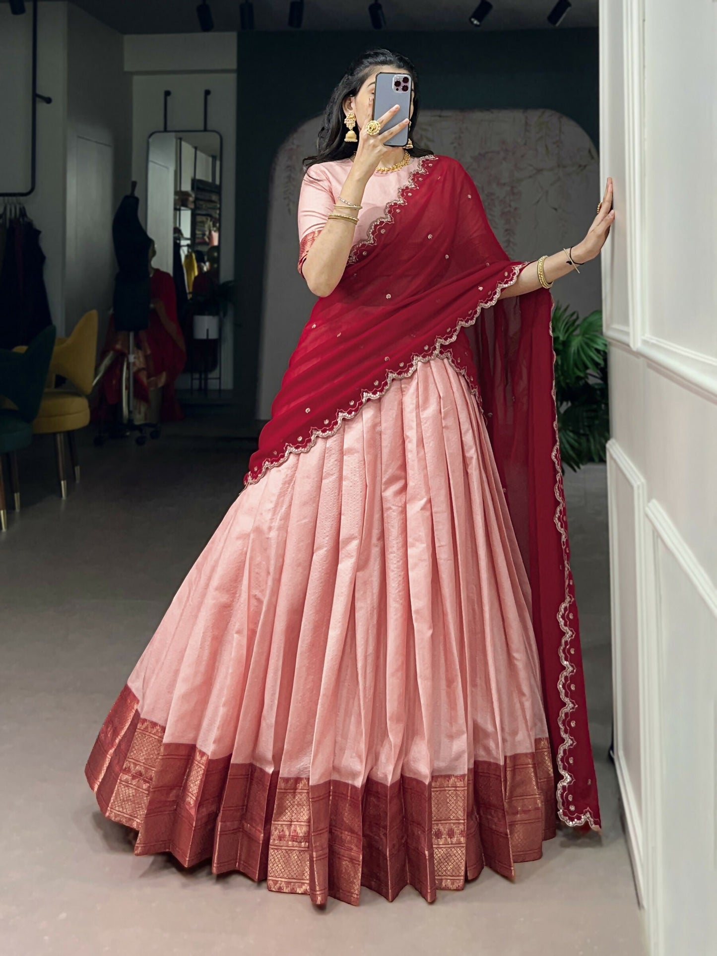 Lorenvalley Fashion Peach Cotton Silk Zari Weaving Work Lehenga Choli with Dupatta