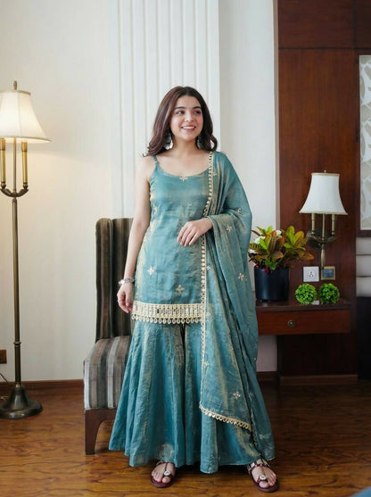 Teeya Creation Womens Trending Heavy Embroidery Sequence Work Kurta Sharara Set - Teal