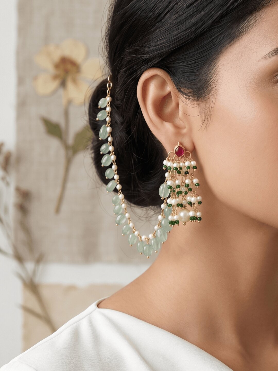 Mint Glow Pachi Kundan Earrings with Ear Chain