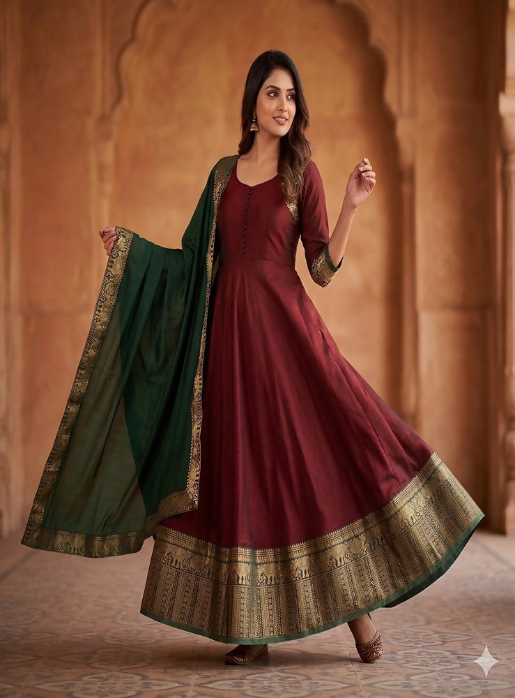Teeya Creation Royal Maroon Anarkali Gown with Zari Border Dupatta for Women