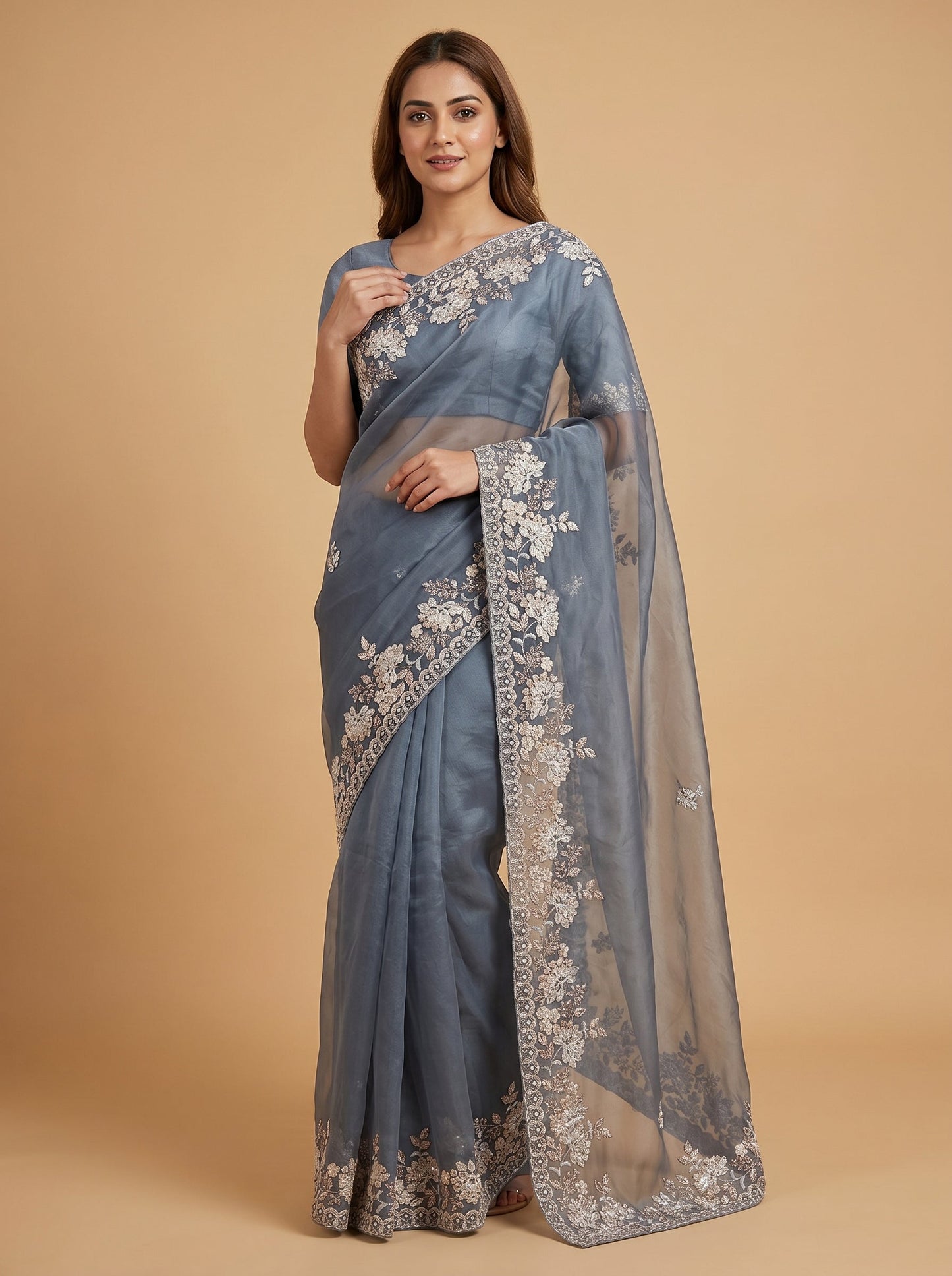 Midnight Blue Starry Night Embroidered Saree