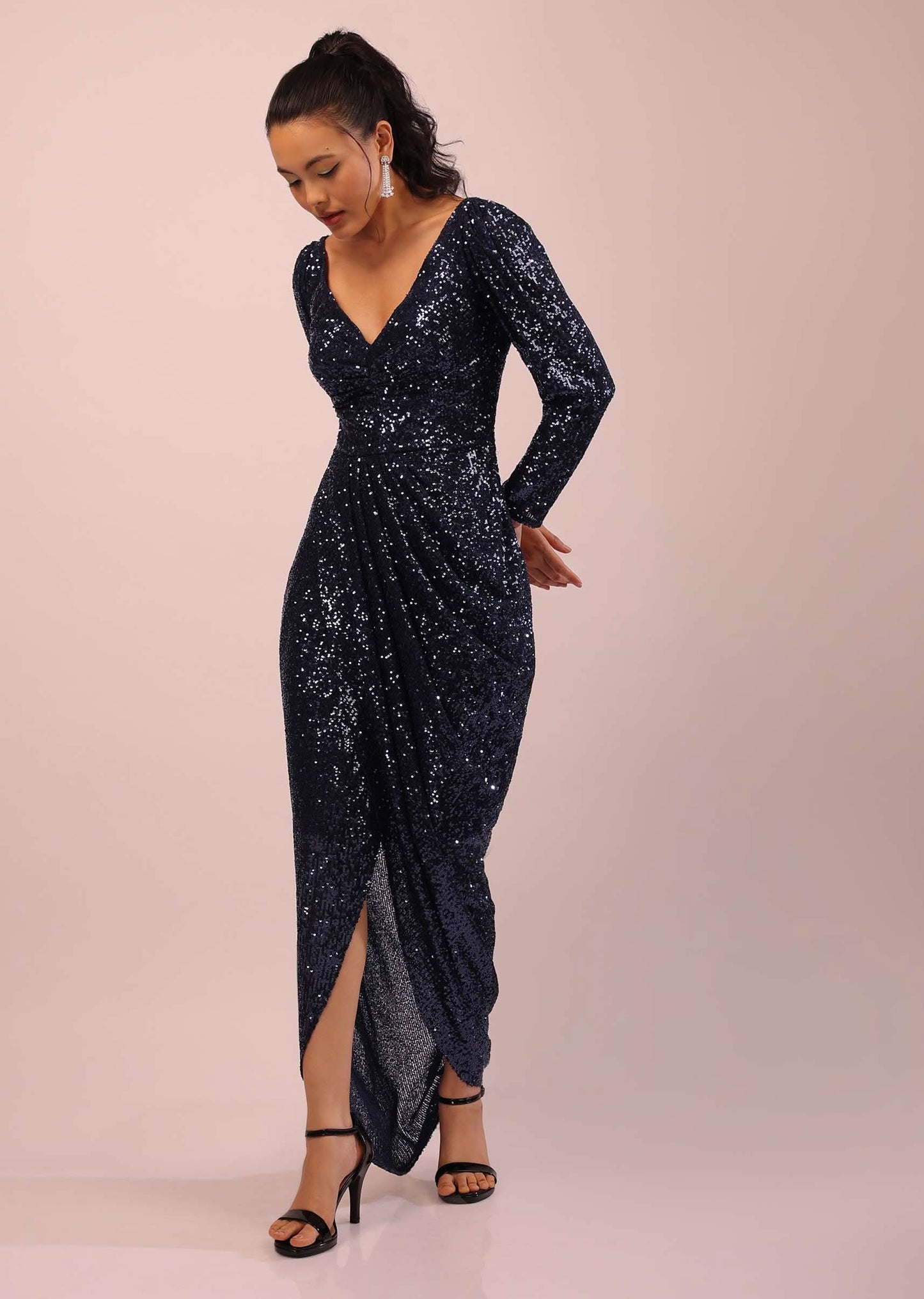 Midnight Blue Gown Embellished In Sequins, With Cowl Drape And Puffed Shoulder Sleeves
