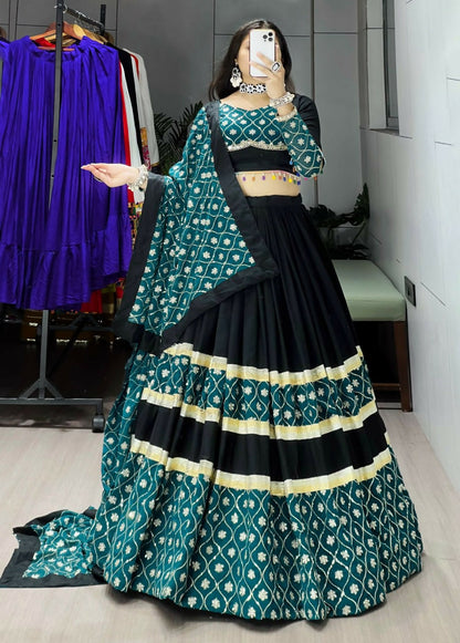 Yash Enterprise Green Black Rayon Cotton Embroidery Semi Stitched Navratri Top Chaniya Choli