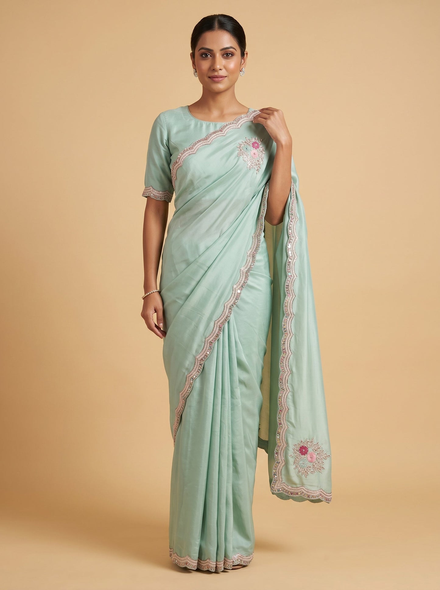 Mint Blue Cool Detail Embroidered Saree
