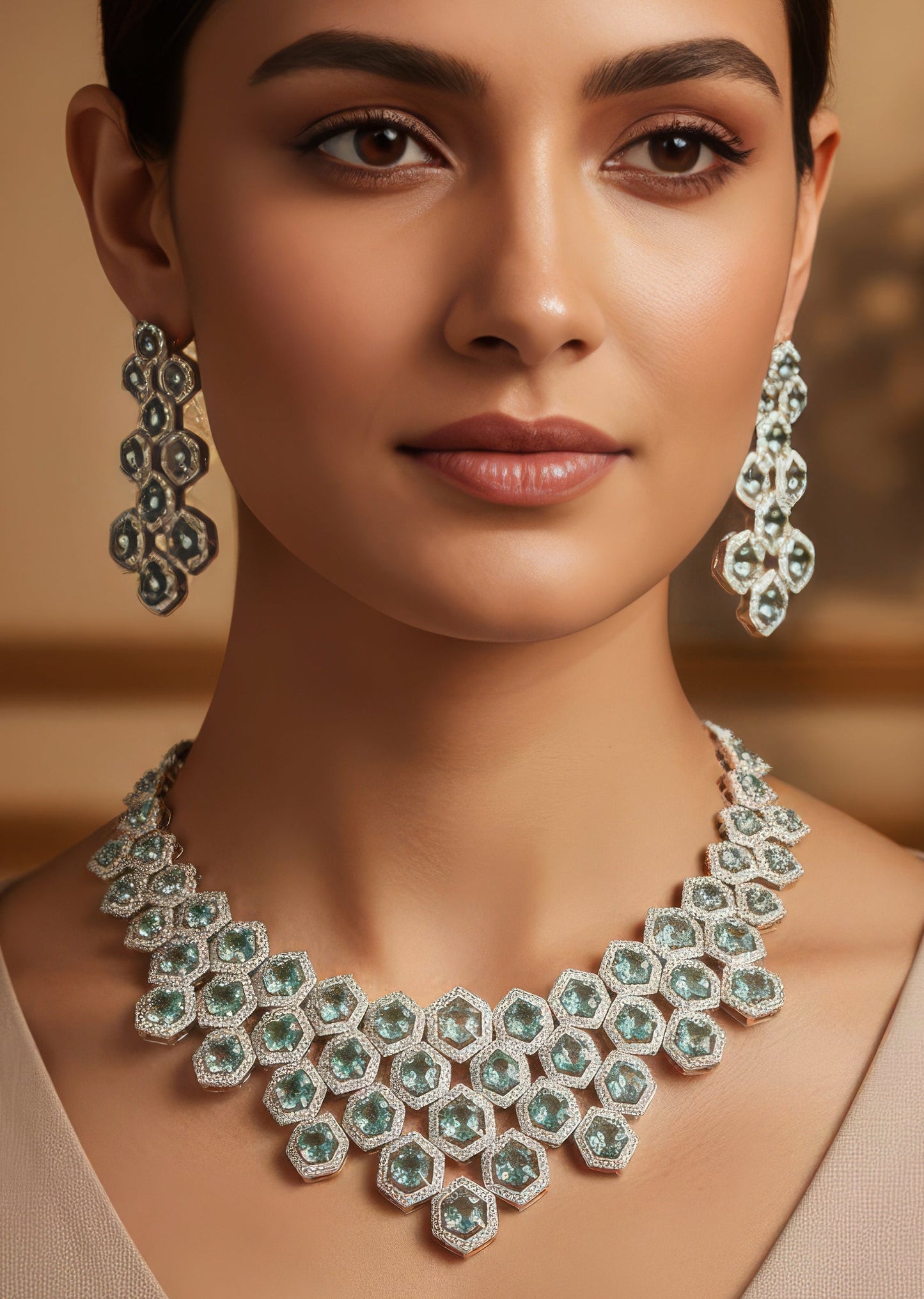 Mint Blue Rhodium Plated Cz Diamond Necklace Set with Semi Precious Stones