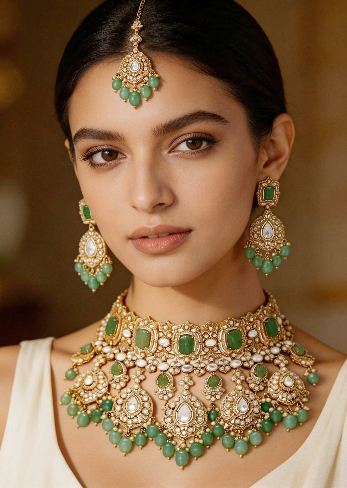 Mint Green And Gold Stone Necklace Set With Maangtikka