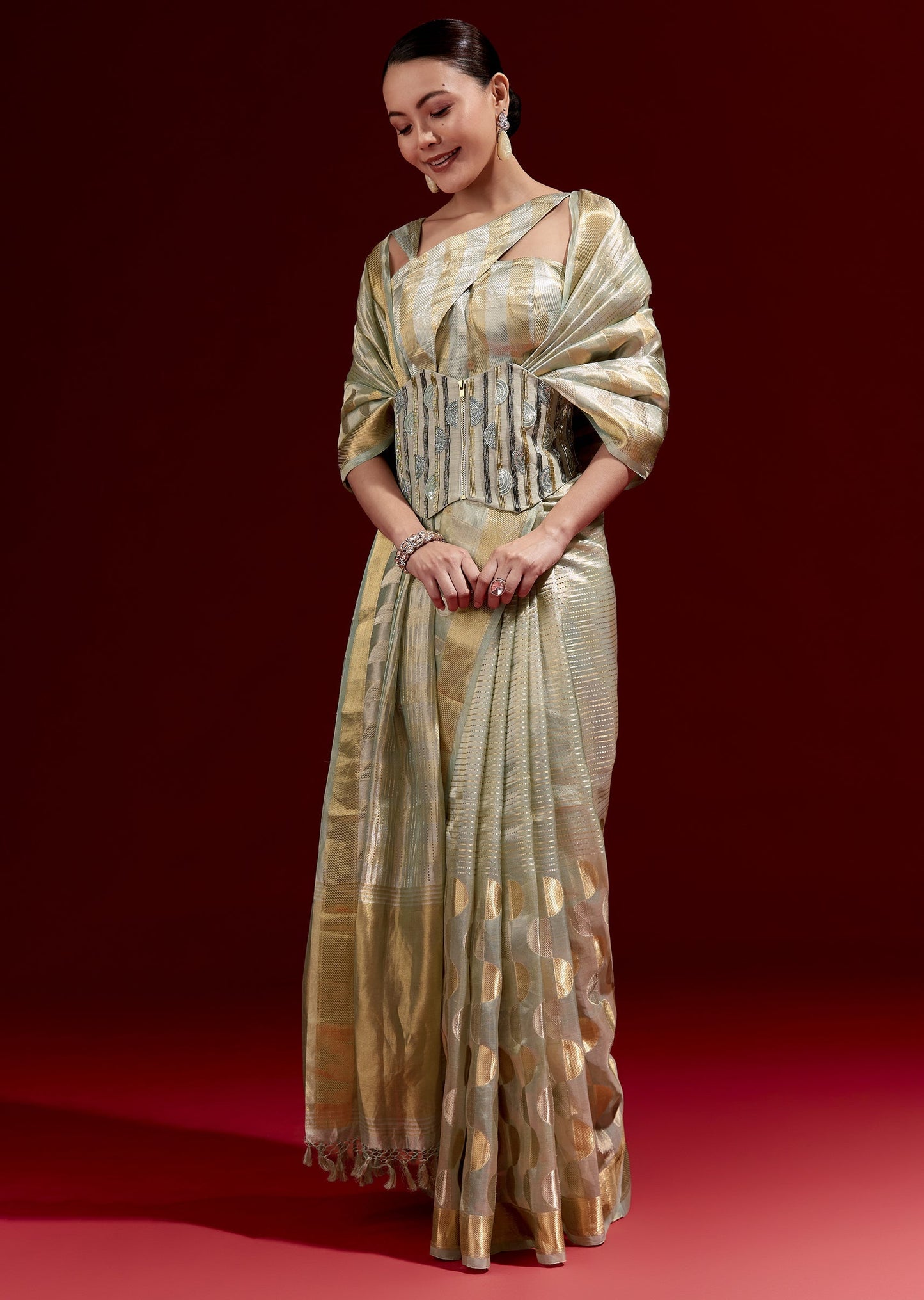 Mint Green Banarasi Tissue Saree With Golden Zari Geometric Weave And Embroidered Belt