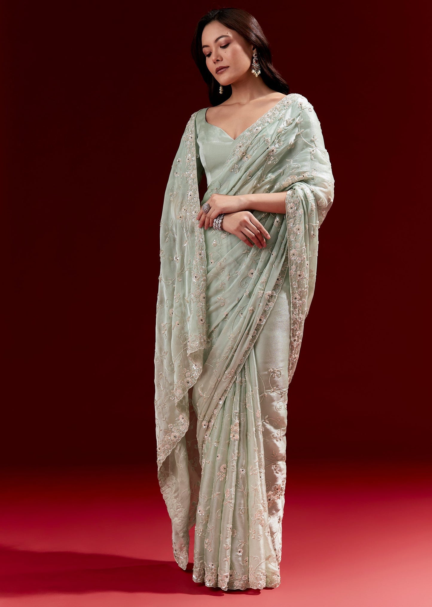Mint Green Crepe Silk Saree With Heavy Floral Jaal Embroidery