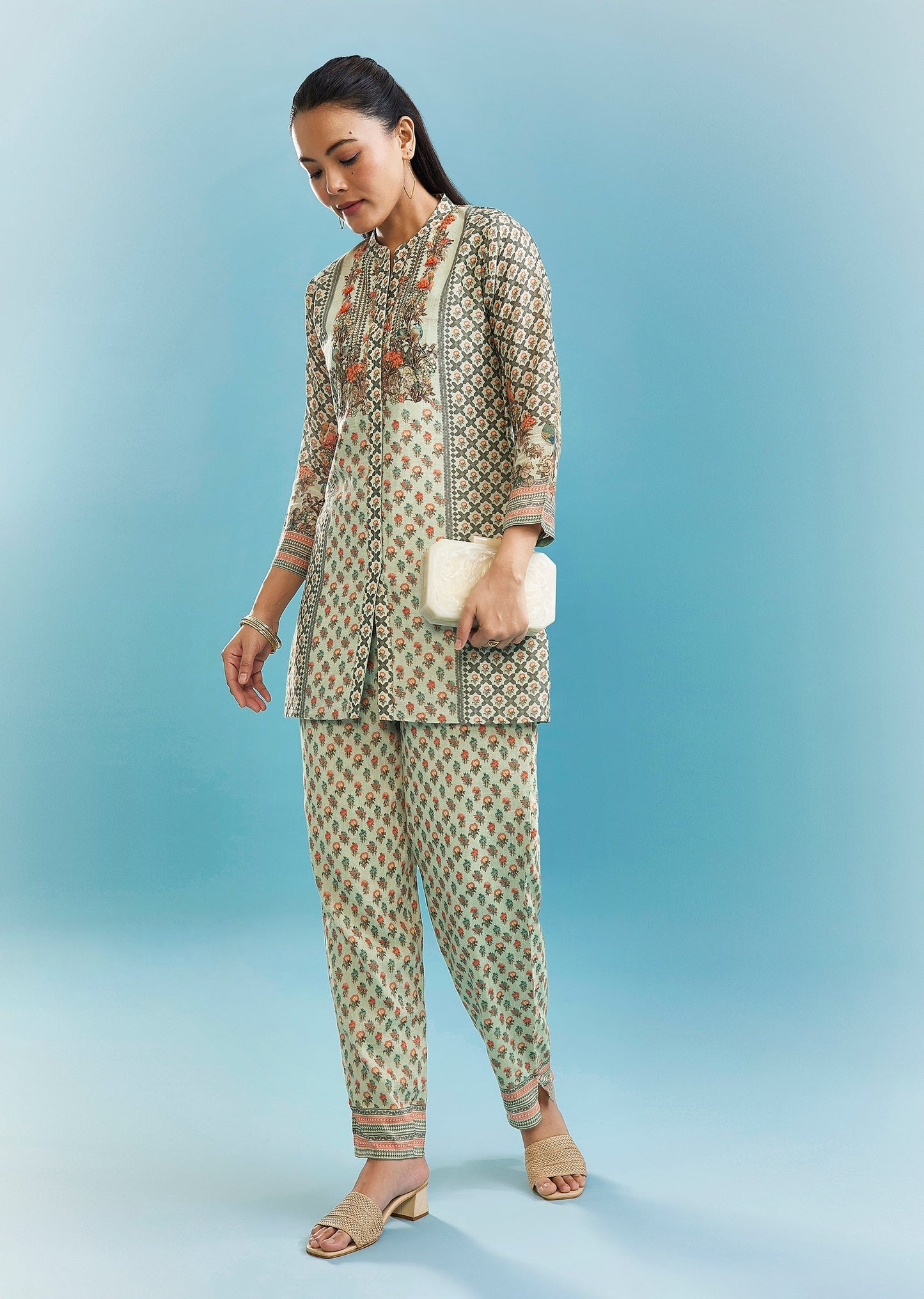 Mint Green Floral Co-ord Set With Cut Dana And Sequins Work