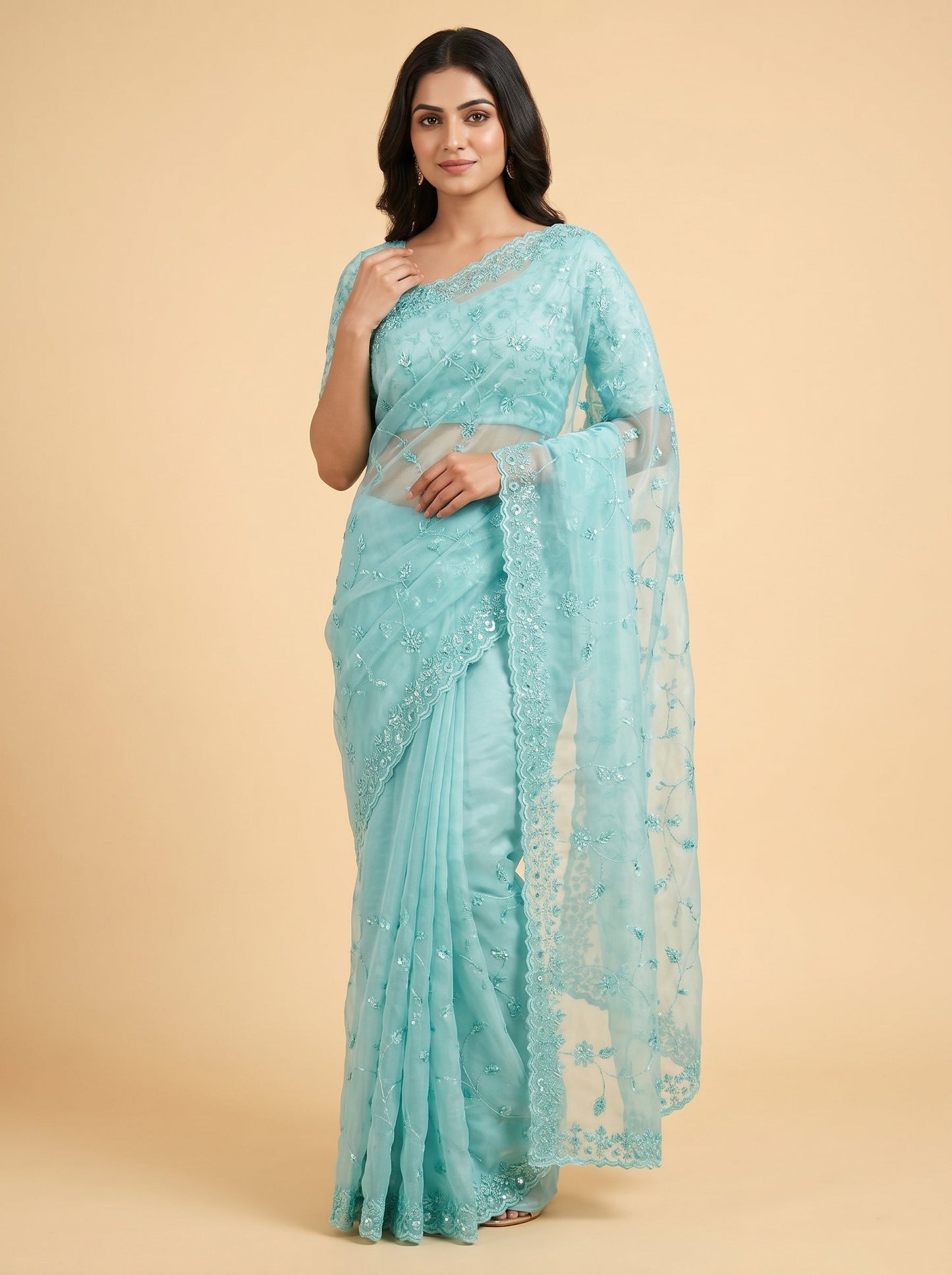 Mint Green Fresh Detailing Embroidered Saree