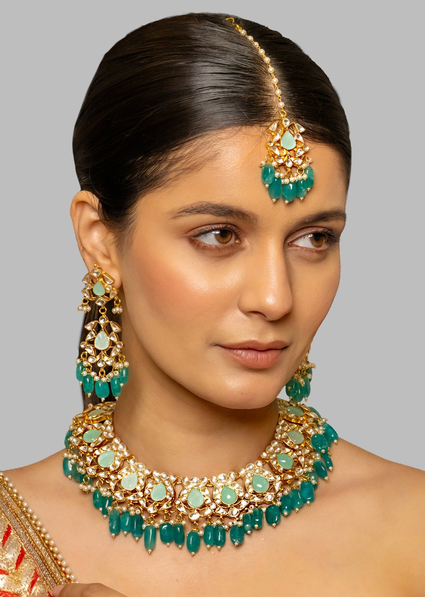 Mint Kundan Bridal Necklace Set With Polki Diamond Finish