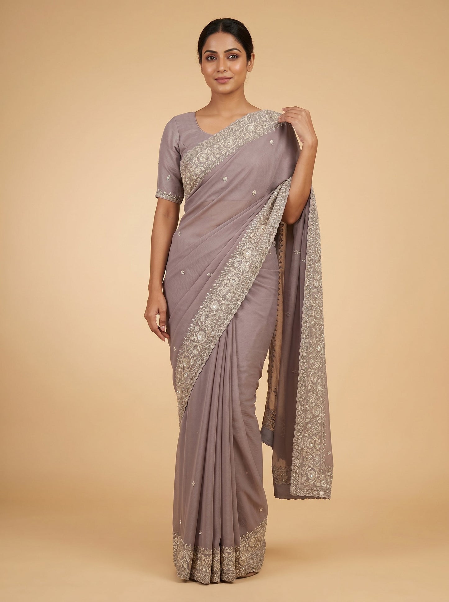 Mist Grey Embroidered Saree