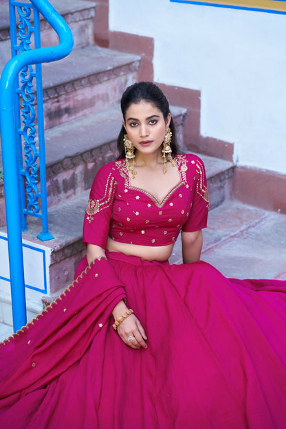Lorenvalley Fashion Ranipink NC Silk Plain Lehenga Embroidery Work Choli with Dupatta
