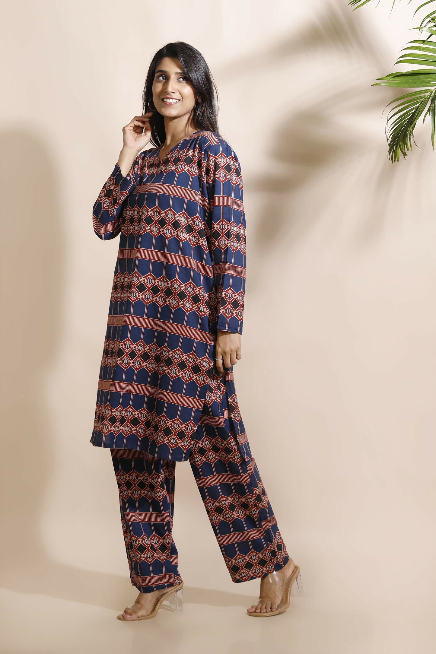 Breathables Women'S Blue Cotton Abstract Print Loungewear Co-Ord Set  Long Kurta & Pants