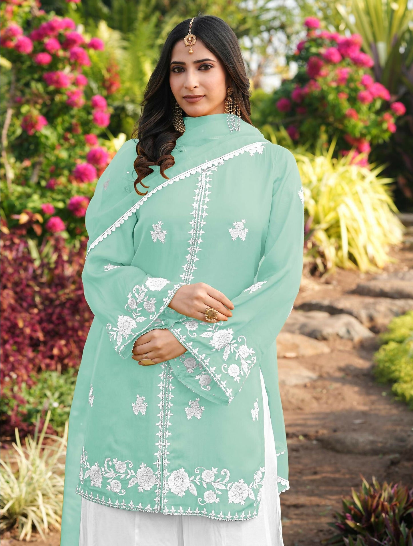 Nikhaar Light Green Embroidered Modal Silk Stitched Straight Cut Kurta Kalidar Palazzo Dupatta Readymade Suit
