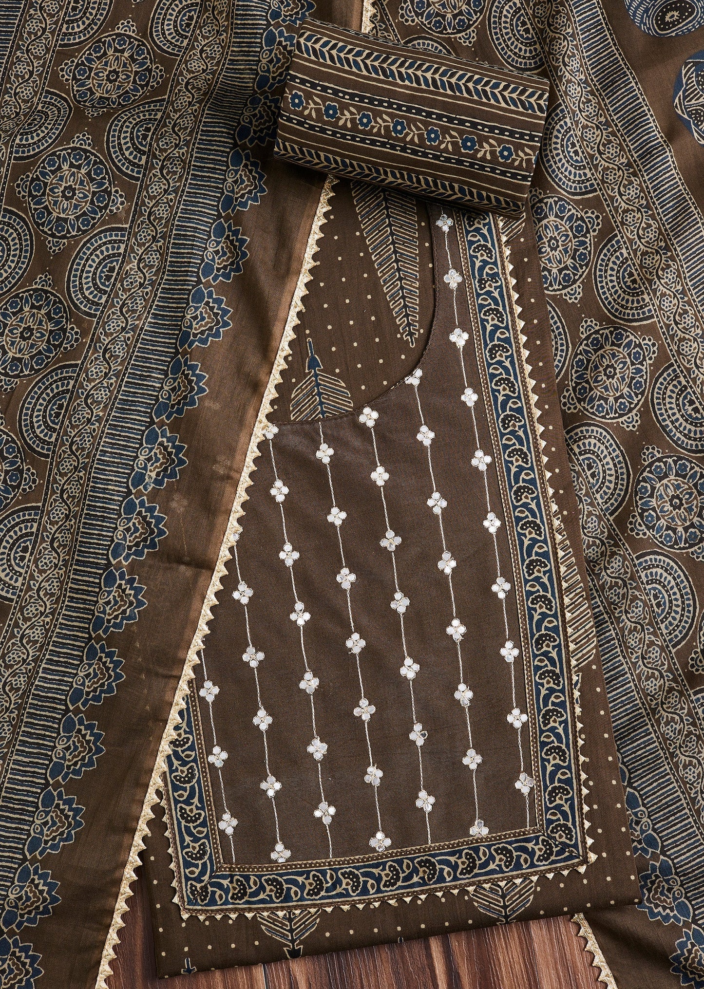 Mocha Brown Cotton Printed Unstitched Suit Set