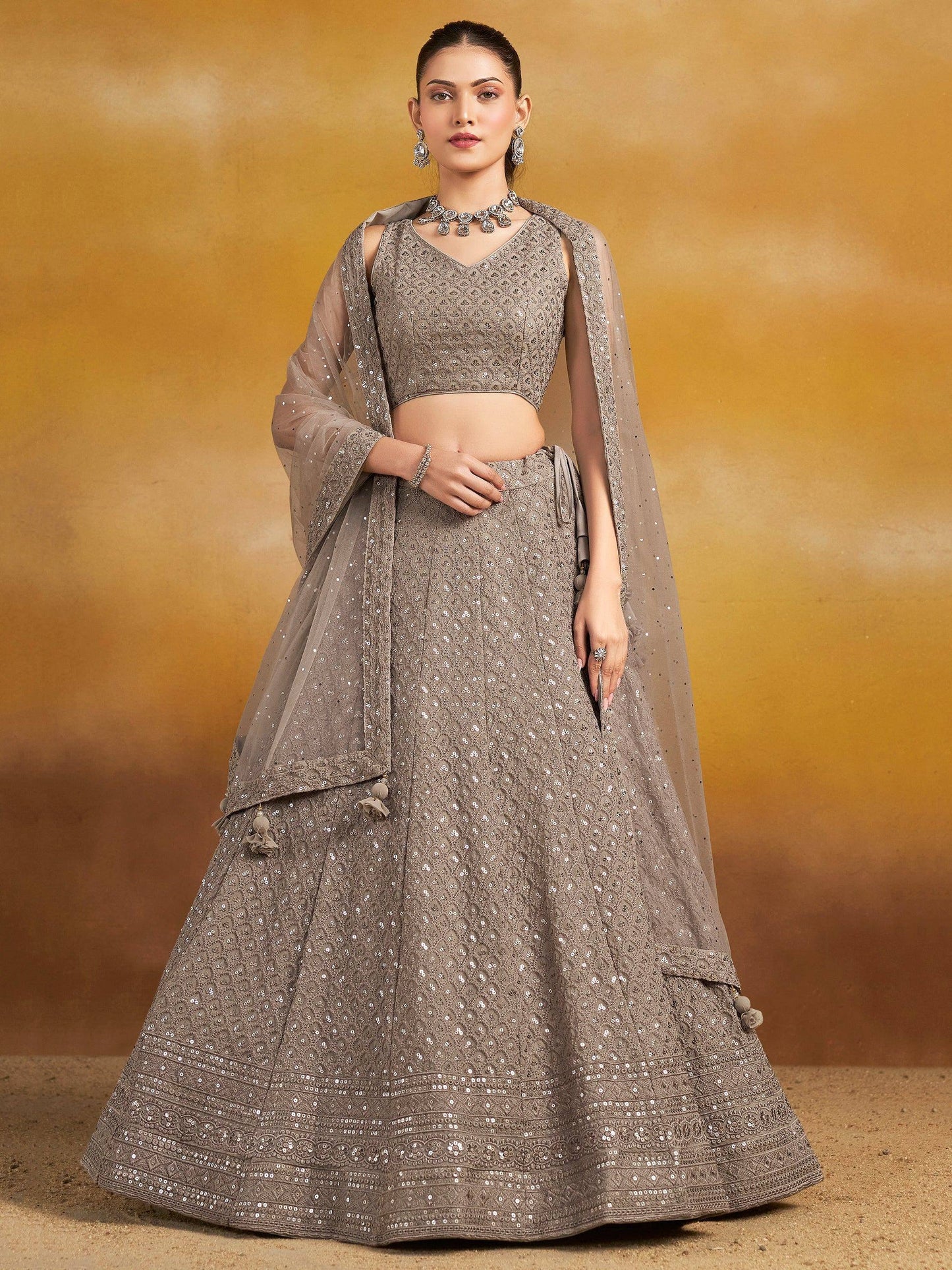 Tulsi Art Monochrome Grey Sequins Georgette Event Wear Lehenga Choli With Dupatta