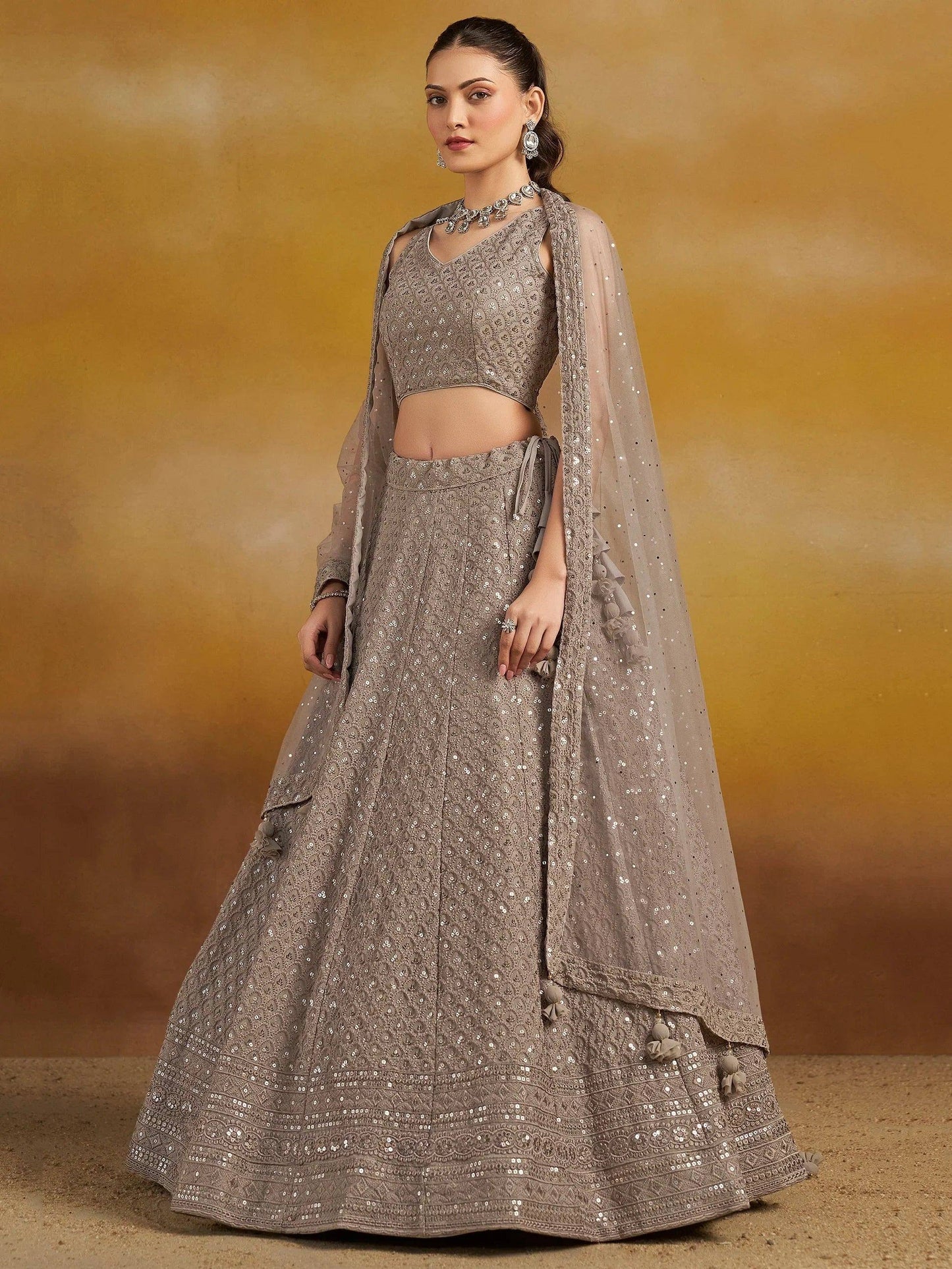 Tulsi Art Monochrome Grey Sequins Georgette Event Wear Lehenga Choli With Dupatta