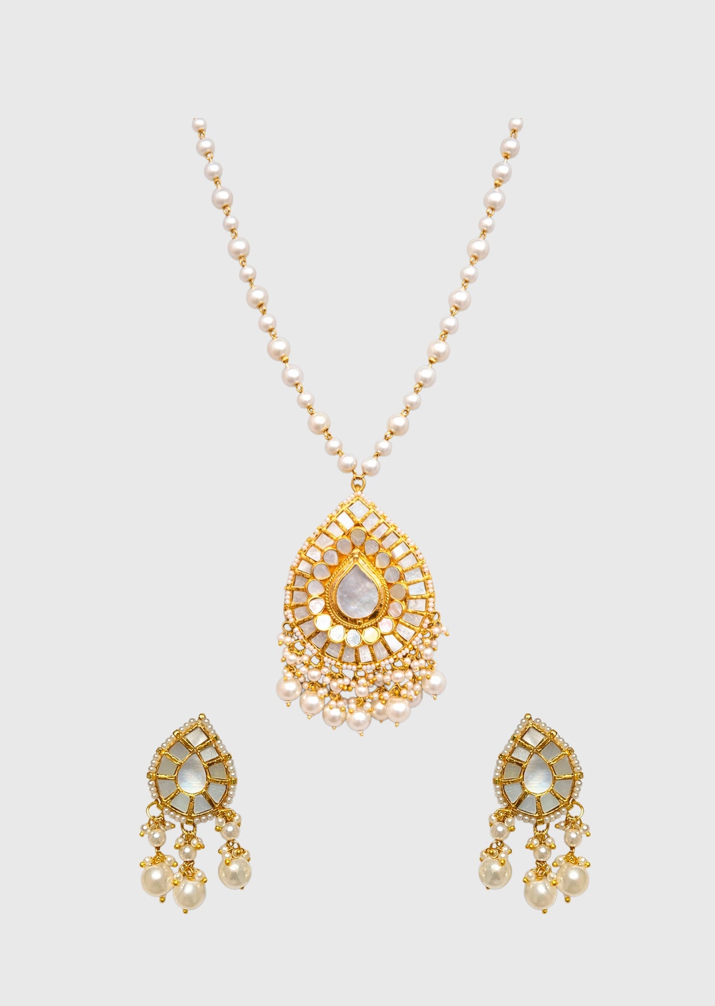 Mother Of Pearl And Kundan Long Necklace Set