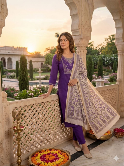 Teeya Creation Womens New Fancy Premium Silk Fabric Kurta Set - Purple