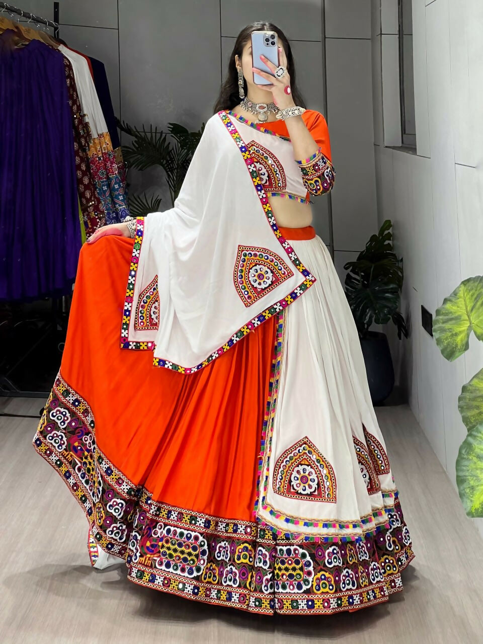 Yash Enterprise Orange White Rayon Cotton Embroidery Semi Stitched Navratri Top Chaniya Choli
