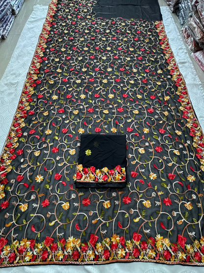 Teeya Creation New Womens Latest Wedding Wear Georgette Saree-Black