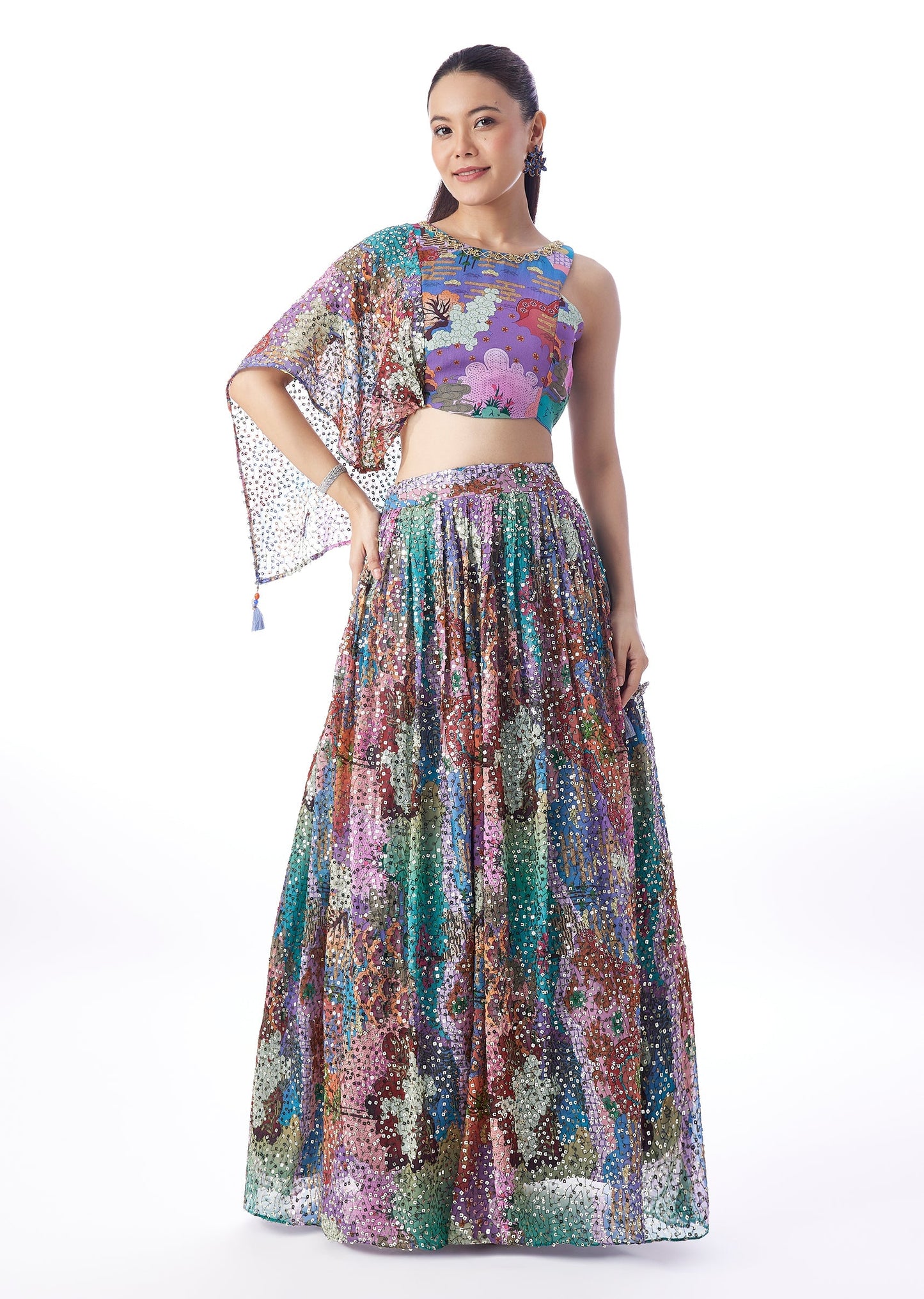 Multi Abstract Printed Sequins Lehenga With Attached Dupatta Look