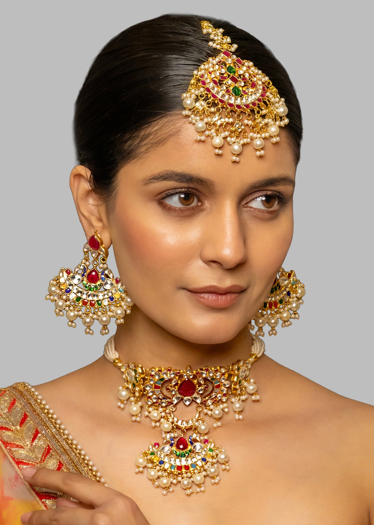 Multi Coloured Kundan Bridal Choker Set With Polki