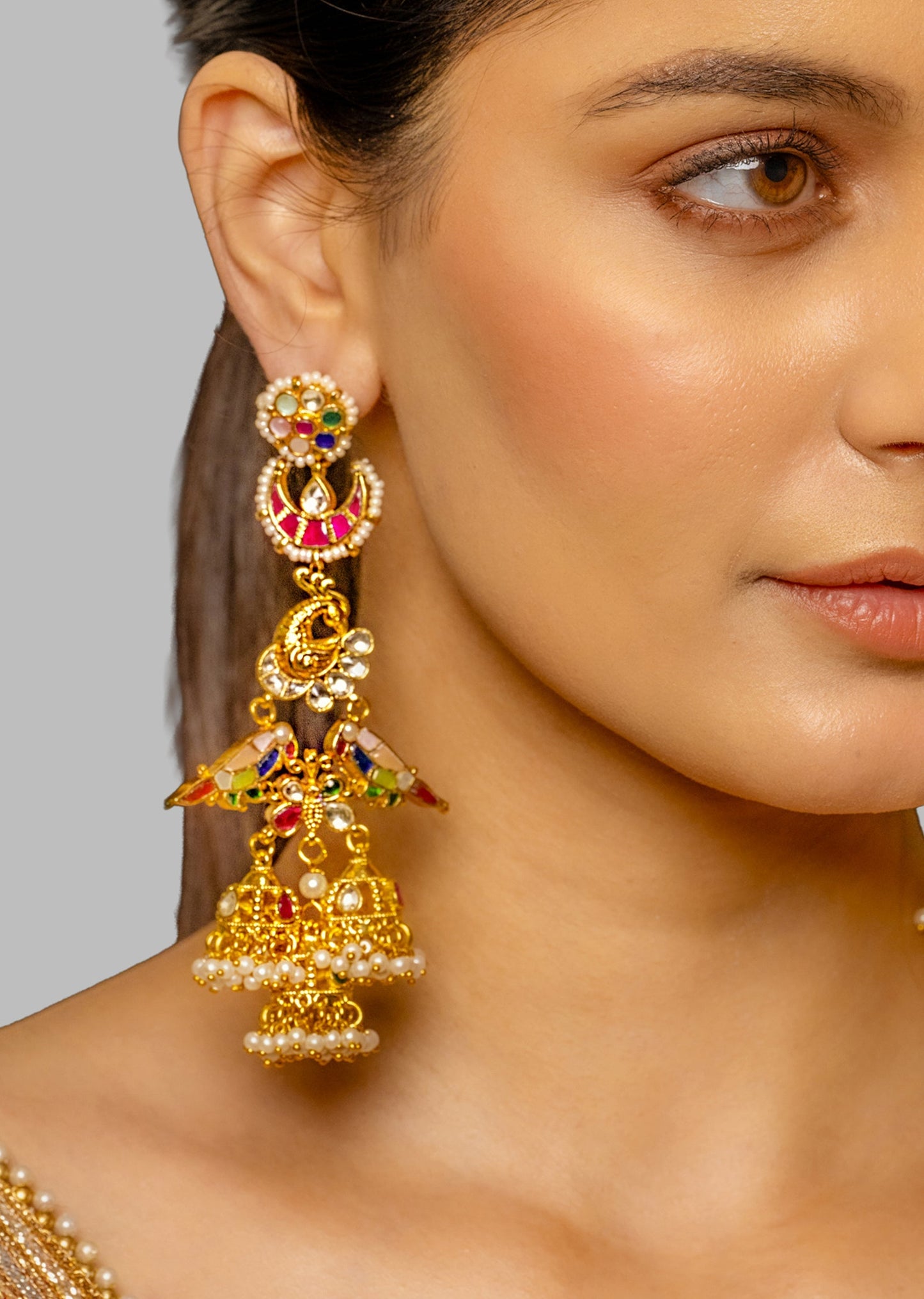 Multi Coloured Polki And Gemstone Kundan Earrings