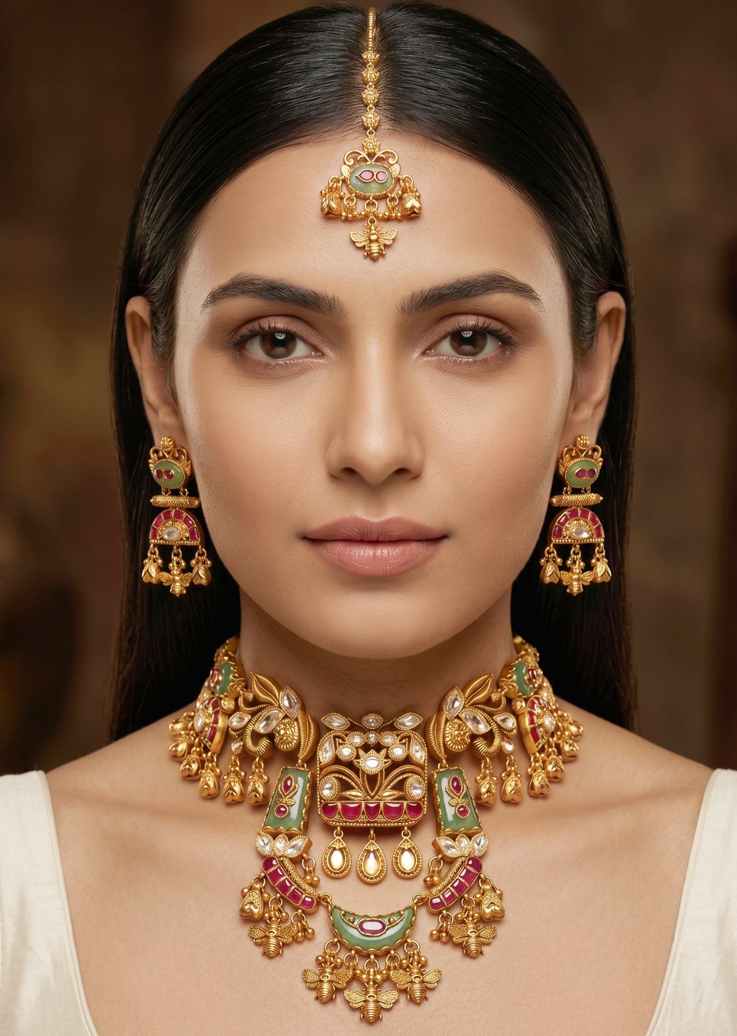 Multicolor And Gold Kundan Necklace Set With Maangtika