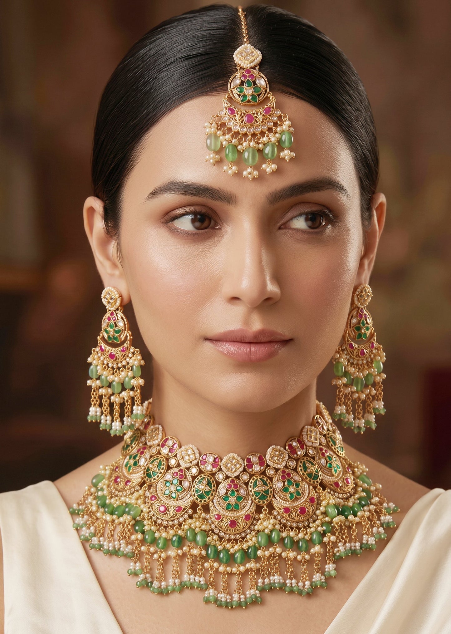 Multicolor Kundan Necklace Set With Bead Drops