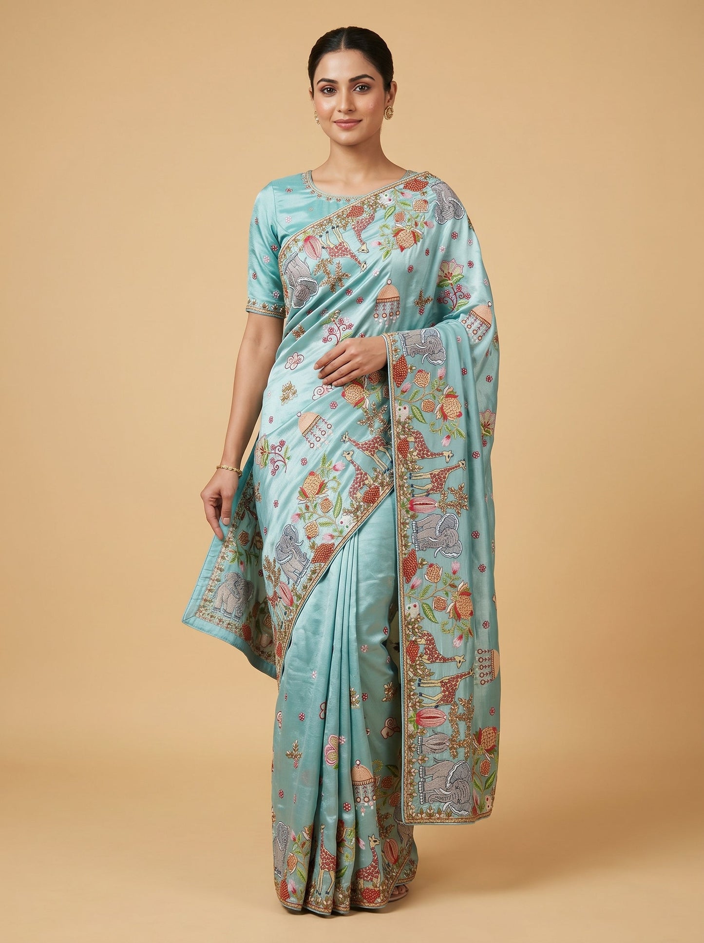 Multicolour embroidered saree with floral work