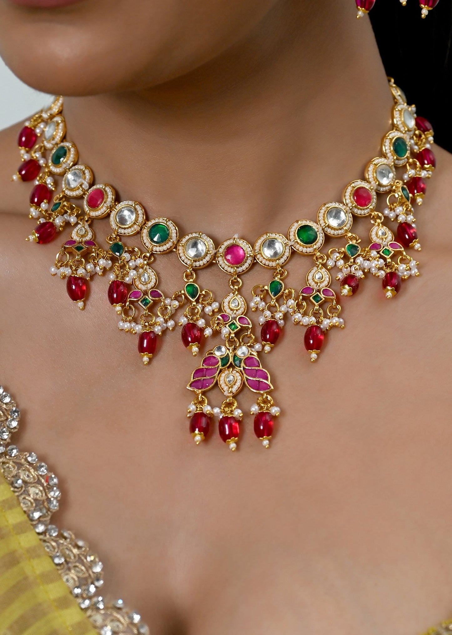 Multicolour Kundan Necklace Set And Earrings