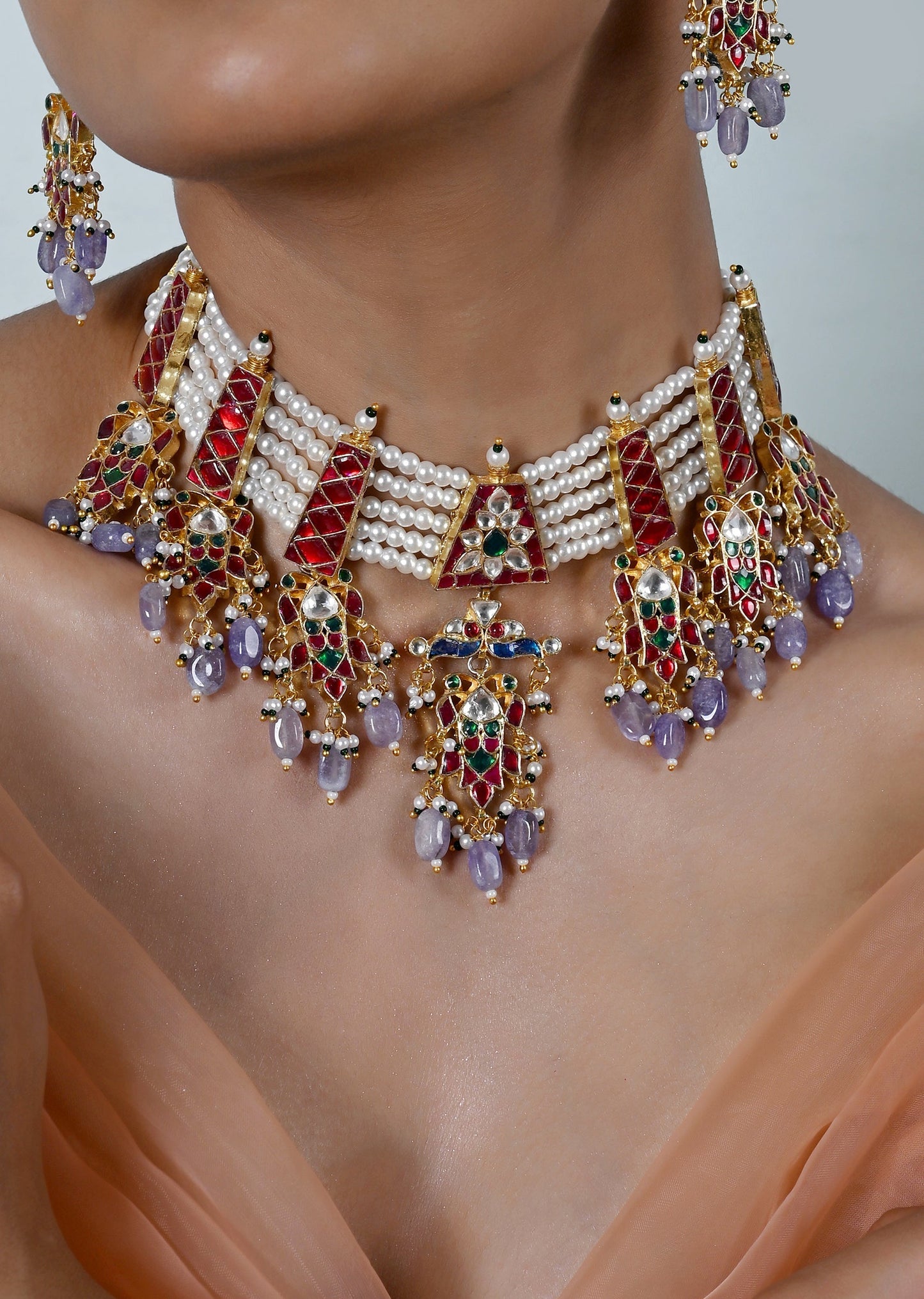 Multicolour Kundan Necklace Set With Earrings