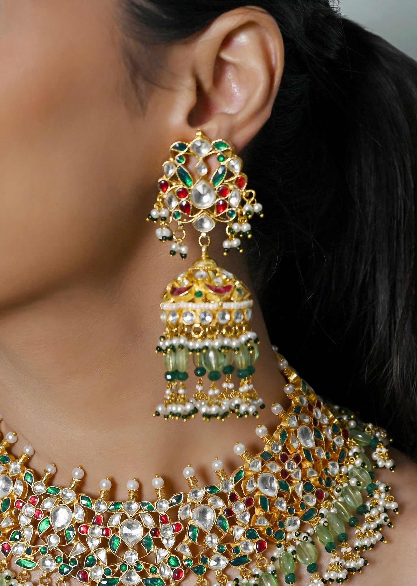 Multicolour With Gold Kundan Necklace Set With Earrings And Maang Tikka