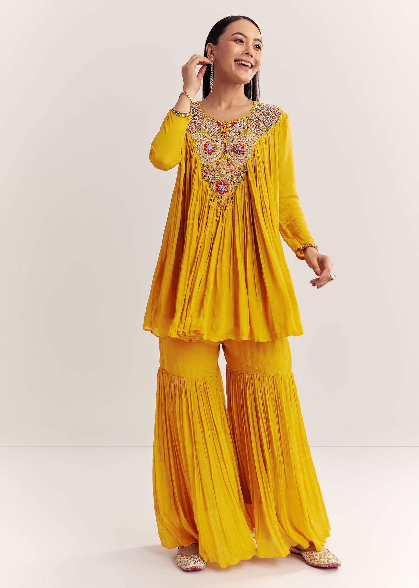 Mustard Chinon Flared Kurta With Thread Work