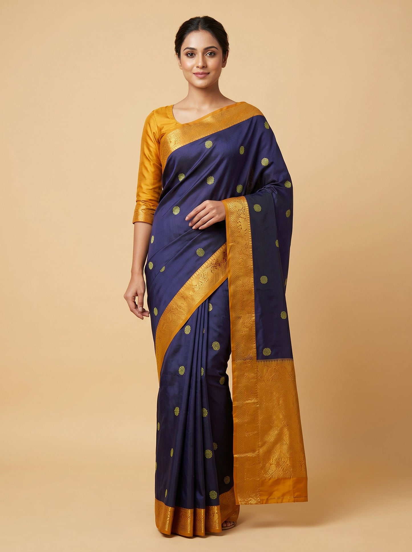 Mustard handloom saree with minimal motifs