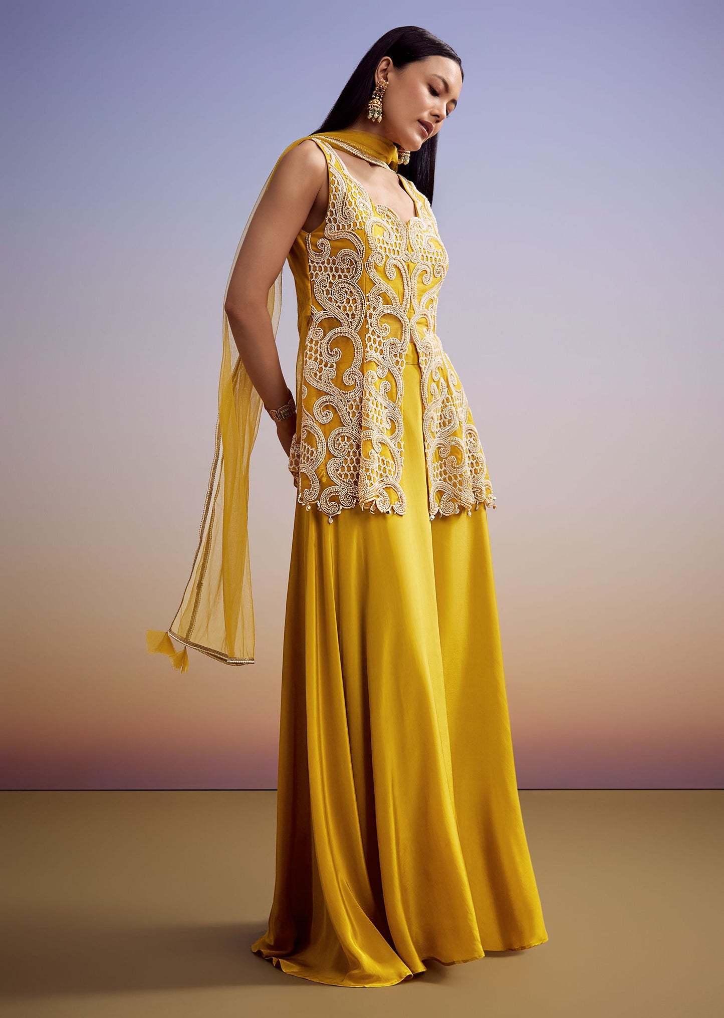 Mustard Net Palazzo Suit With Moti And Cut Dana Work