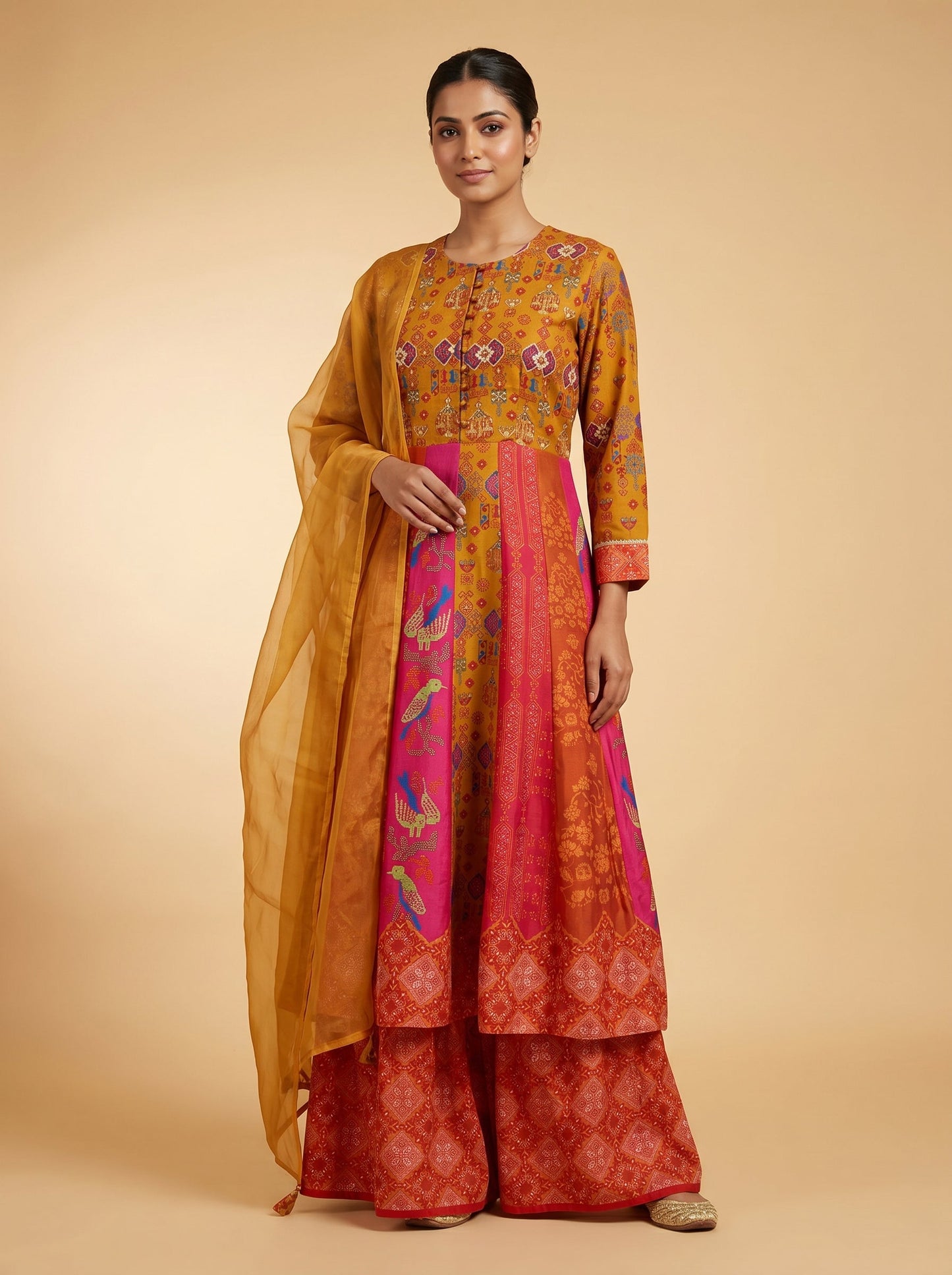 Mustard Organza Embroidered Anarkali Suit