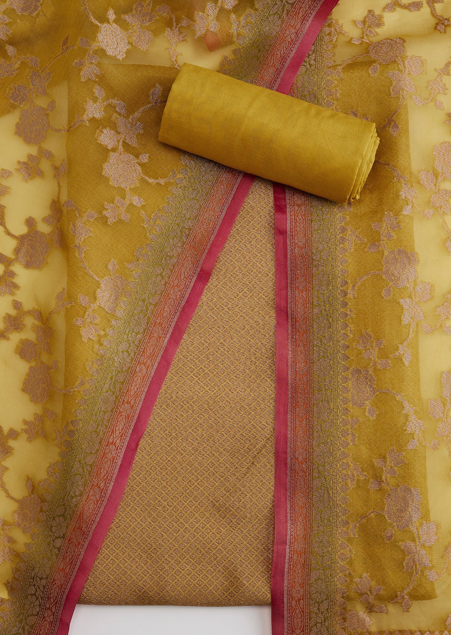 Mustard Yellow Banarasi Silk Unstitched Suit Set With Dupatta