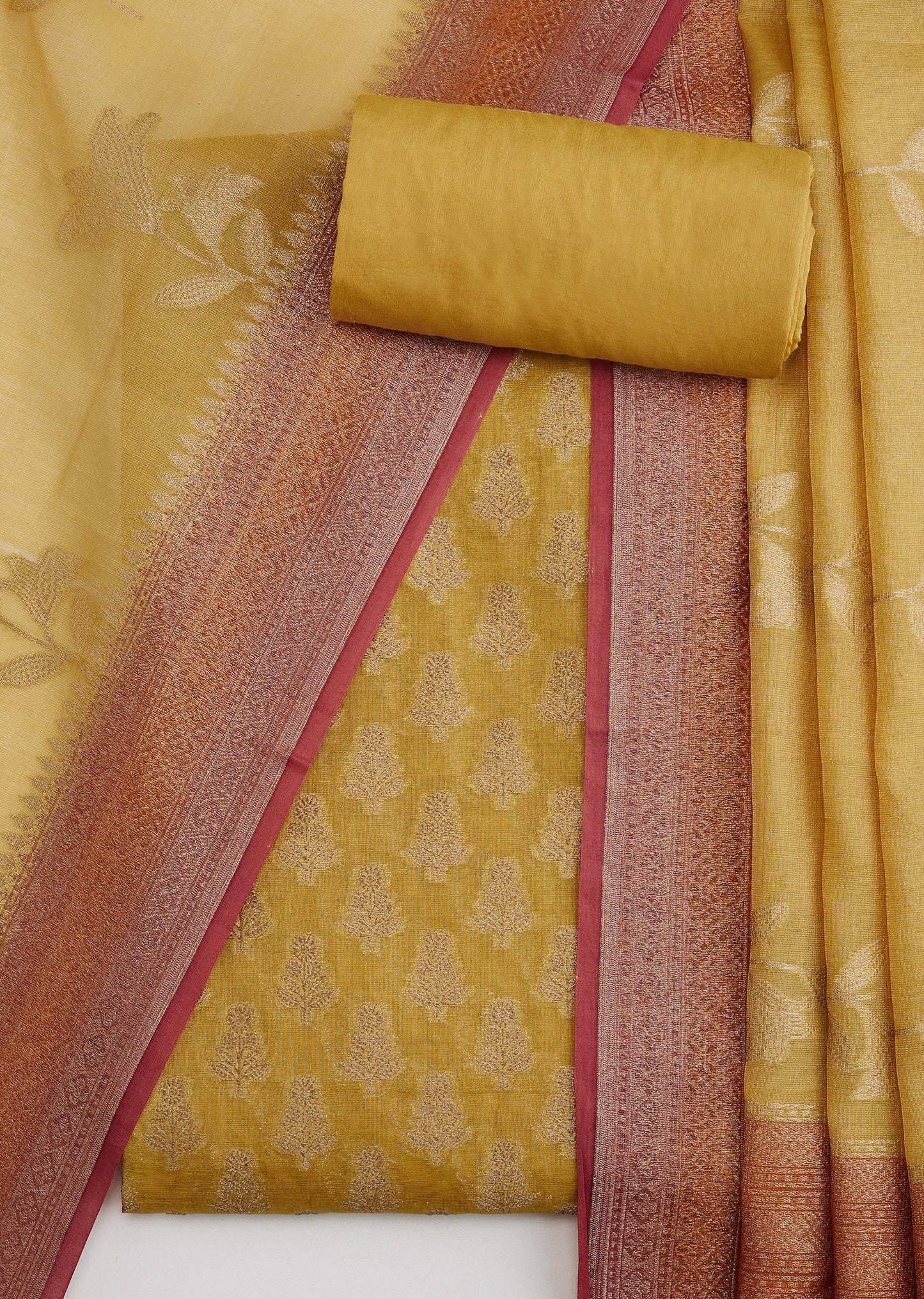 Mustard Yellow Banarasi Silk Unstitched Suit With Dupatta
