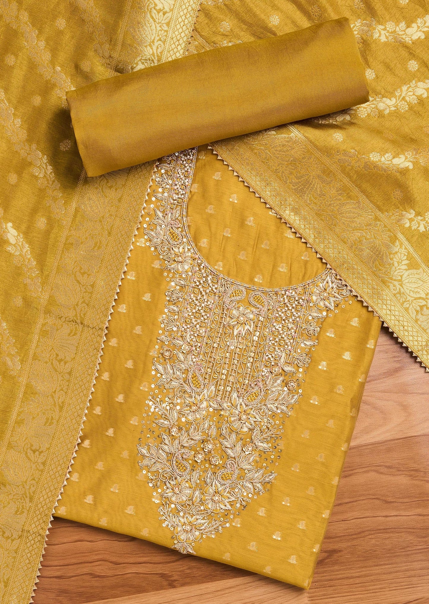 Mustard Yellow Chanderi Unstitched Suit With Dupatta