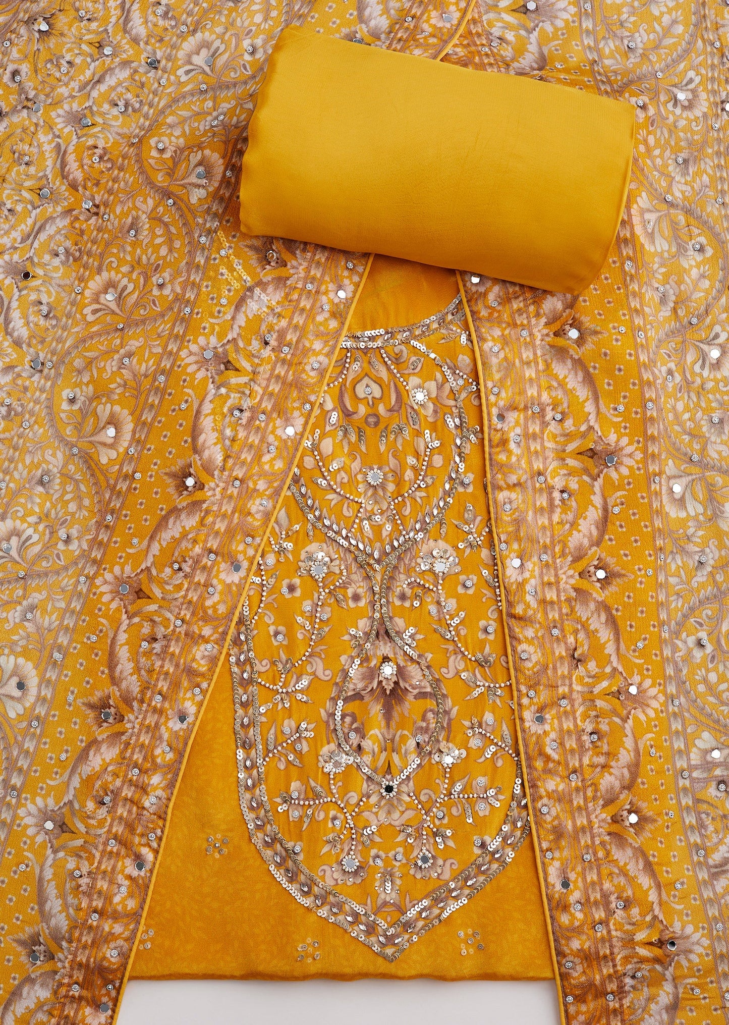 Mustard Yellow Crepe Embroidered Unstitched Suit Set With Dupatta