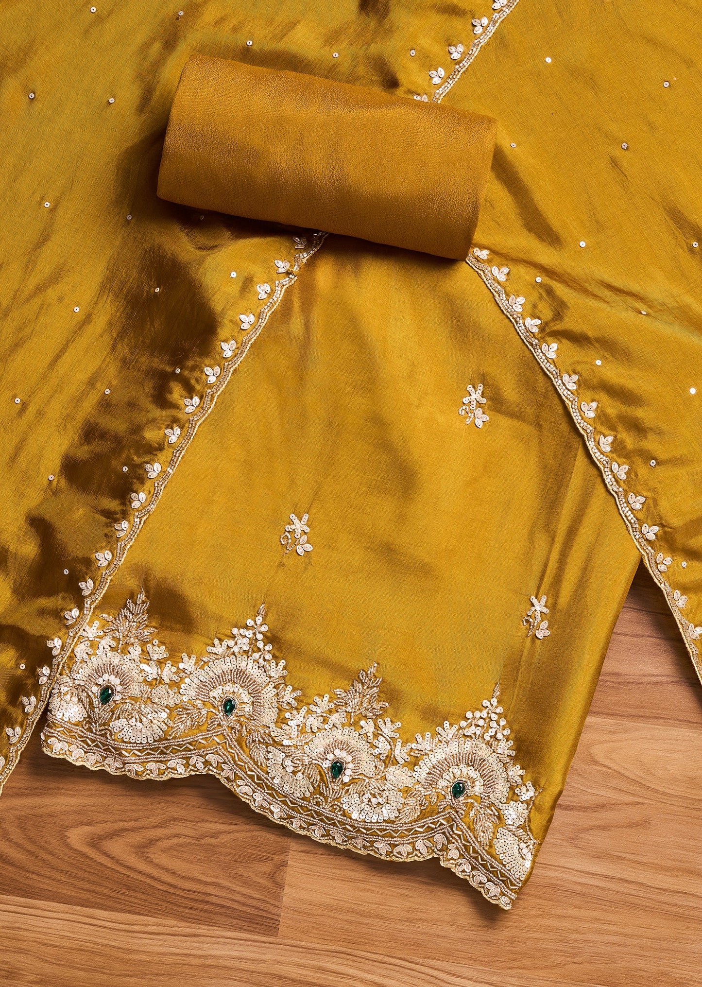 Mustard Yellow Satin Unstitched Suit With Dupatta