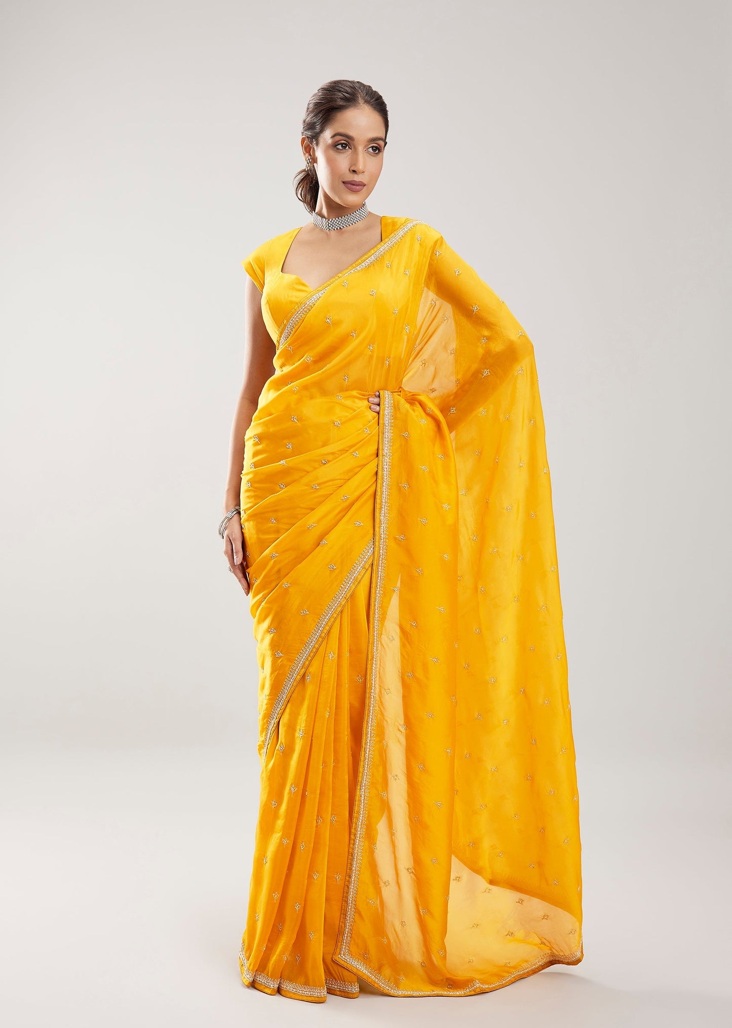 Mustard Yellow Silk Saree With Cut Dana Sequin Butti Work And Embellished Border
