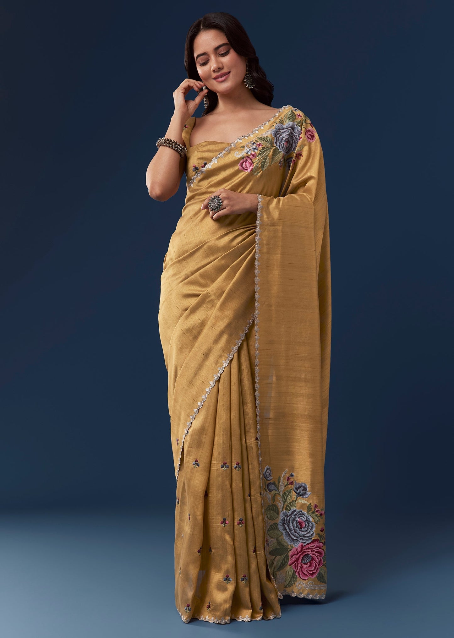 Mustard Yellow Tussar Saree With Scallop Border And Multicolor Floral Embroidery